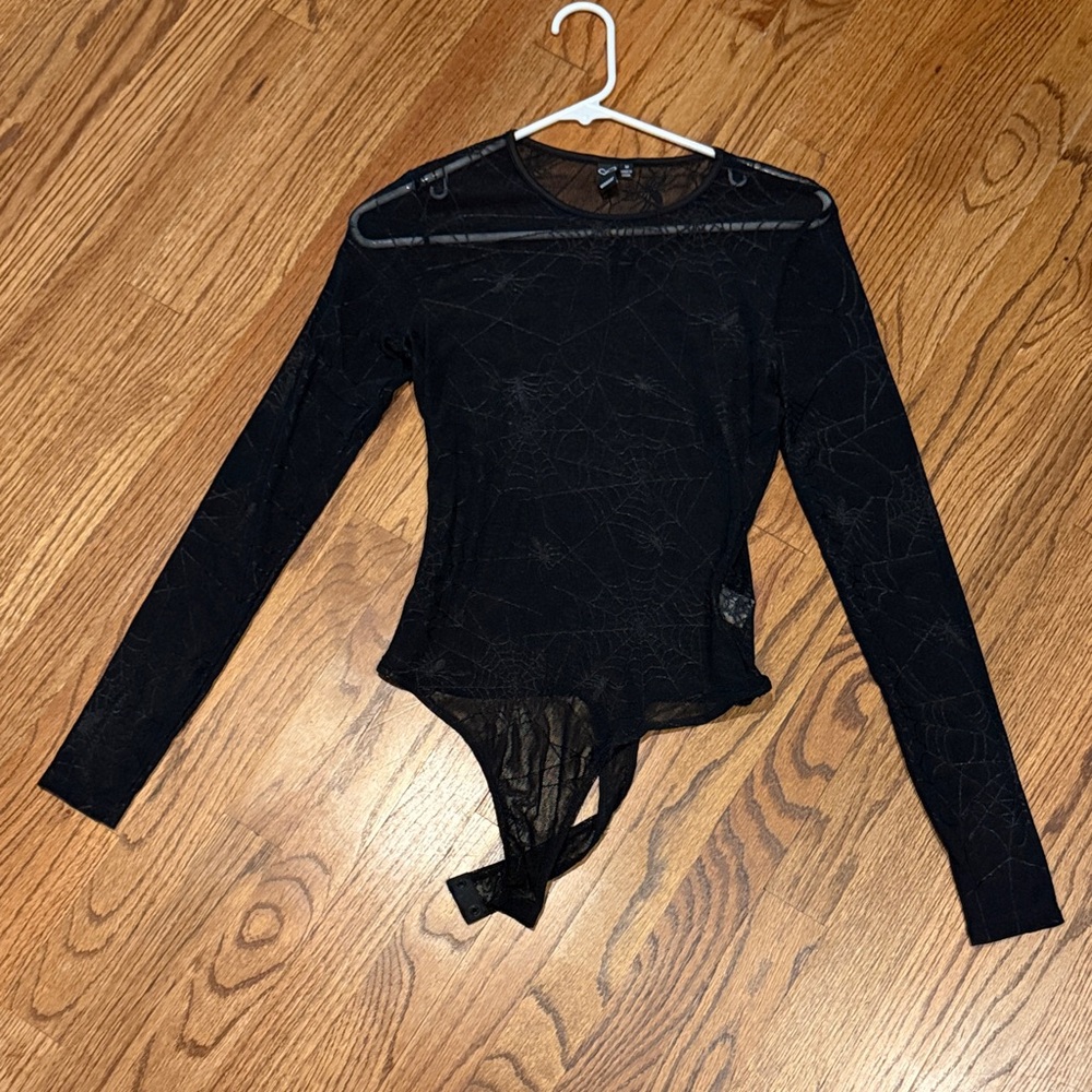 Long-Sleeve Black Sheer Spiderweb Bodysuit Top, Size Medium